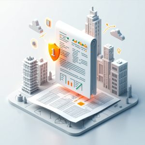 Ilustração digital representando o EVTL (Estudo de Viabilidade Técnica e Legal), com um documento 3D flutuando sobre uma planta arquitetônica, ícones de viabilidade e prédios em diferentes estágios de construção ao fundo, simbolizando a transformação de projetos em realidade.