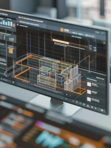 Imagem de um monitor de computador exibindo um projeto em BIM, com detalhes em linhas de cores laranja e amarelo, em um ambiente de escritório moderno.